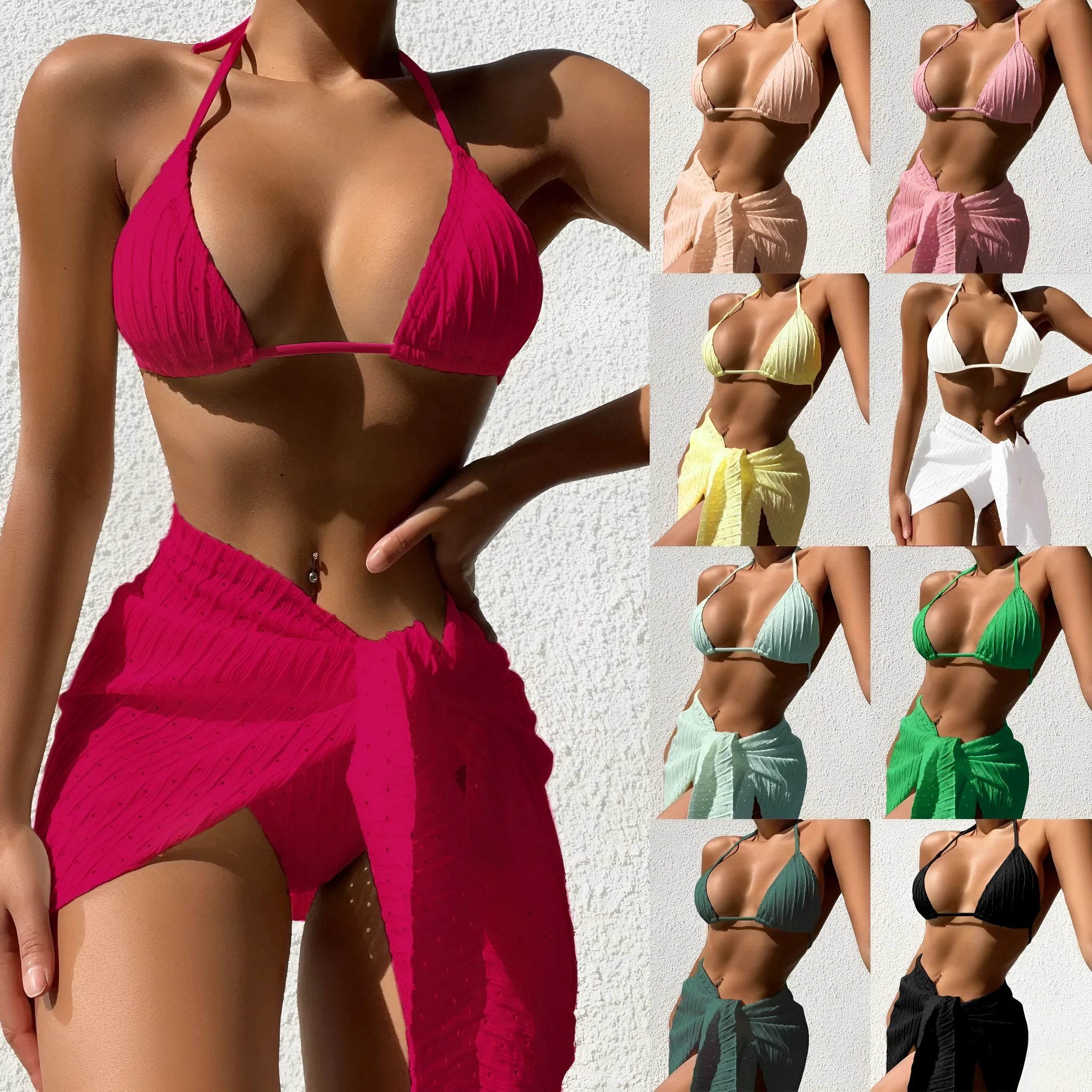 Women's halterneck backless bikini top and mesh skirt swimsuit set in a solid colour