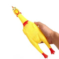 Yellow rubber screaming chicken dog squeak toy shown in three sizes: small, medium, and large