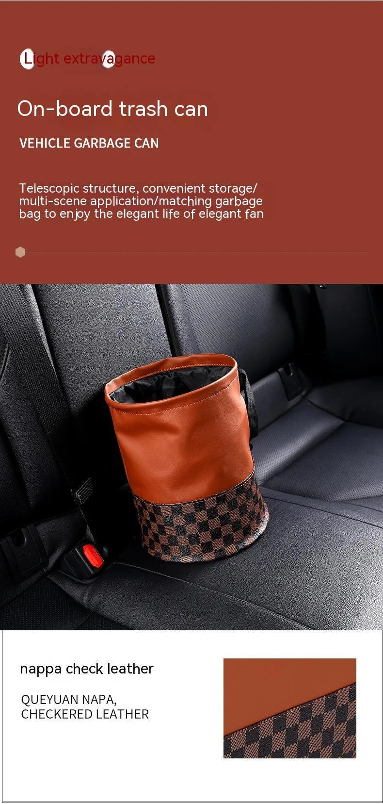 Retractable leather car trash can shown in folded and open states with handle.