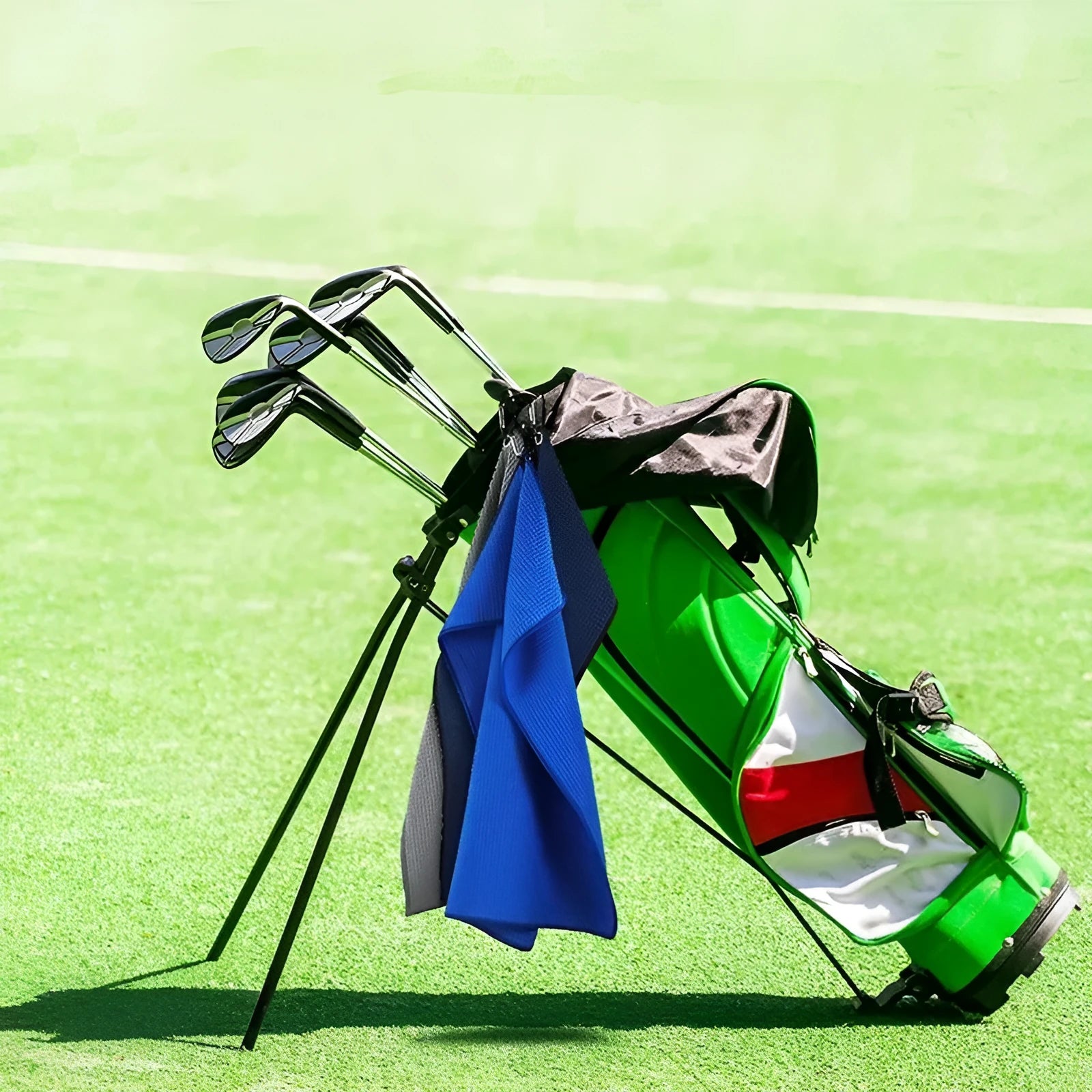 Waffle weave golf ball cleaning cloth in selected colour on a green.