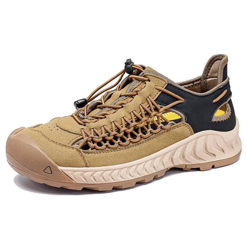 Men's hand-woven casual sandals with a closed toe design in light grey, showing the rubber sole and elastic band.