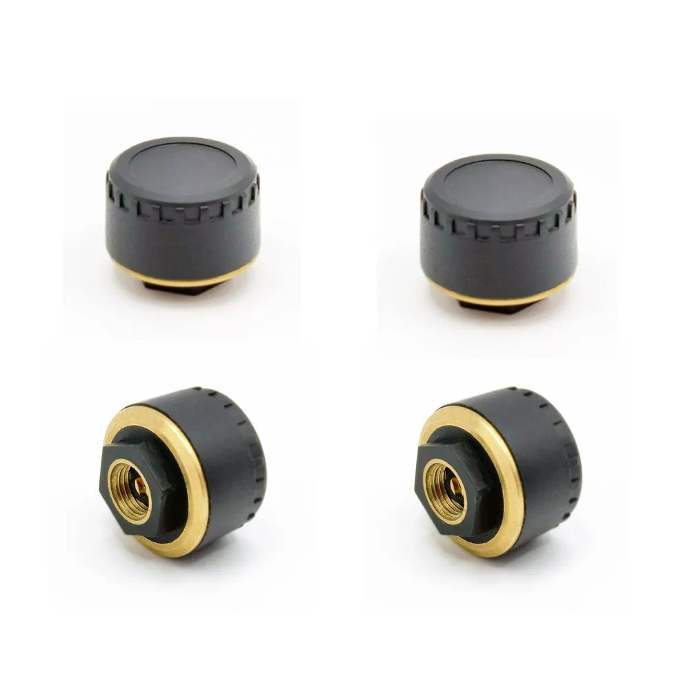 Four black Bluetooth tyre pressure sensors for car with mobile phone app display