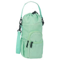 Cloth water bottle pouch with an adjustable crossbody strap in black, green, and pink colour options.