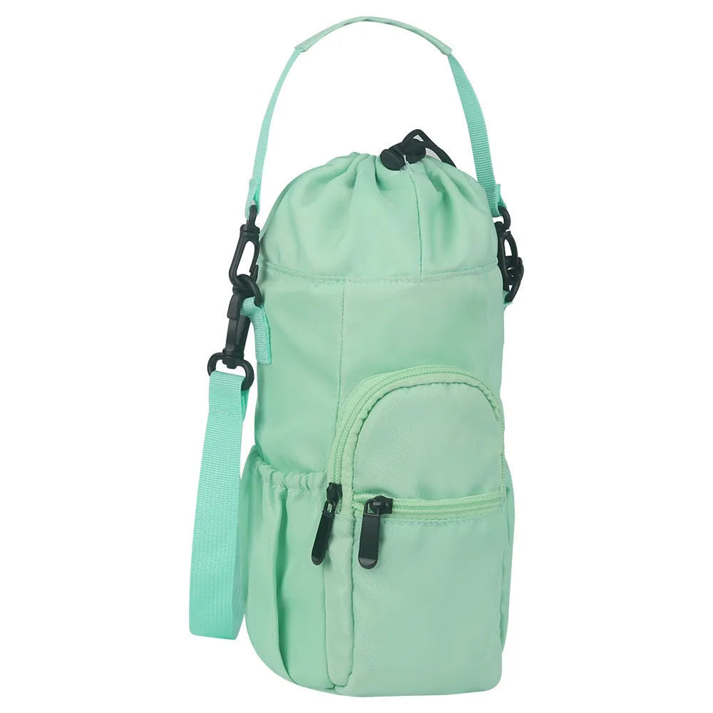 Cloth water bottle pouch with an adjustable crossbody strap in black, green, and pink colour options.