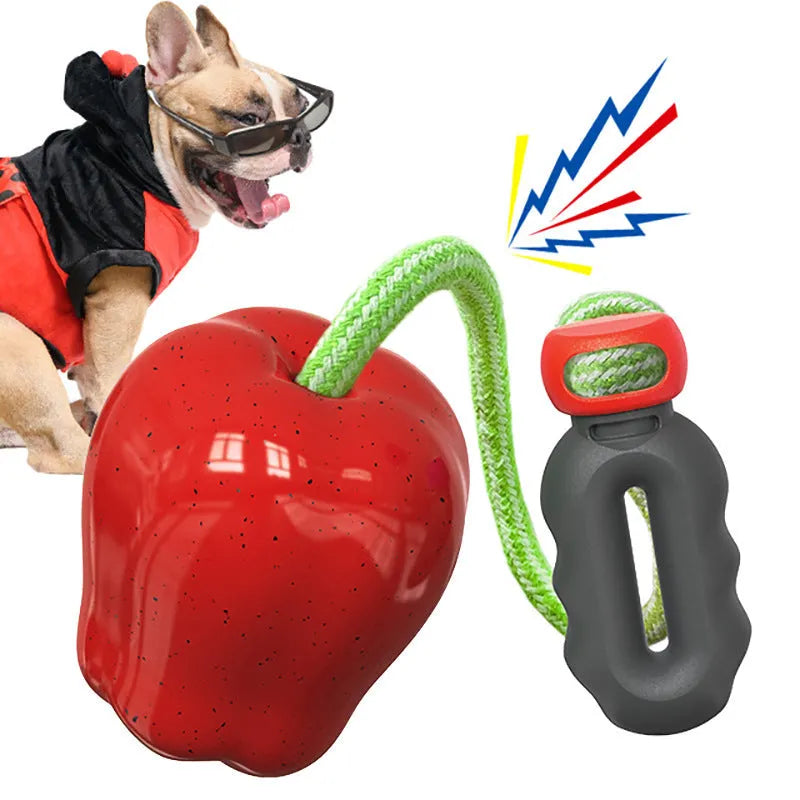Green plastic dog toy shaped like a molar with hollow treat-dispensing centre