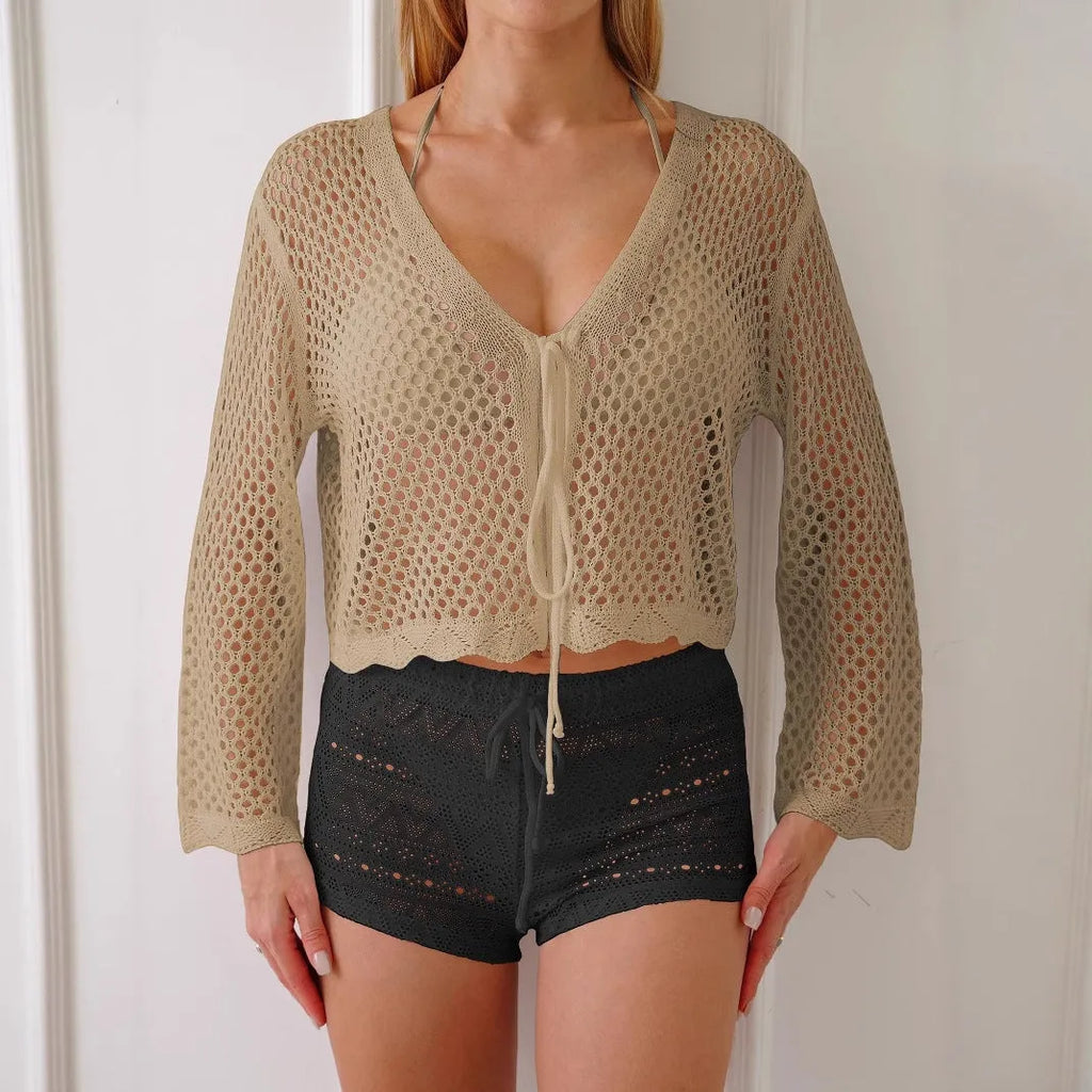Hollow woven women's cardigan blouse with bell sleeves in imitation cotton fabric