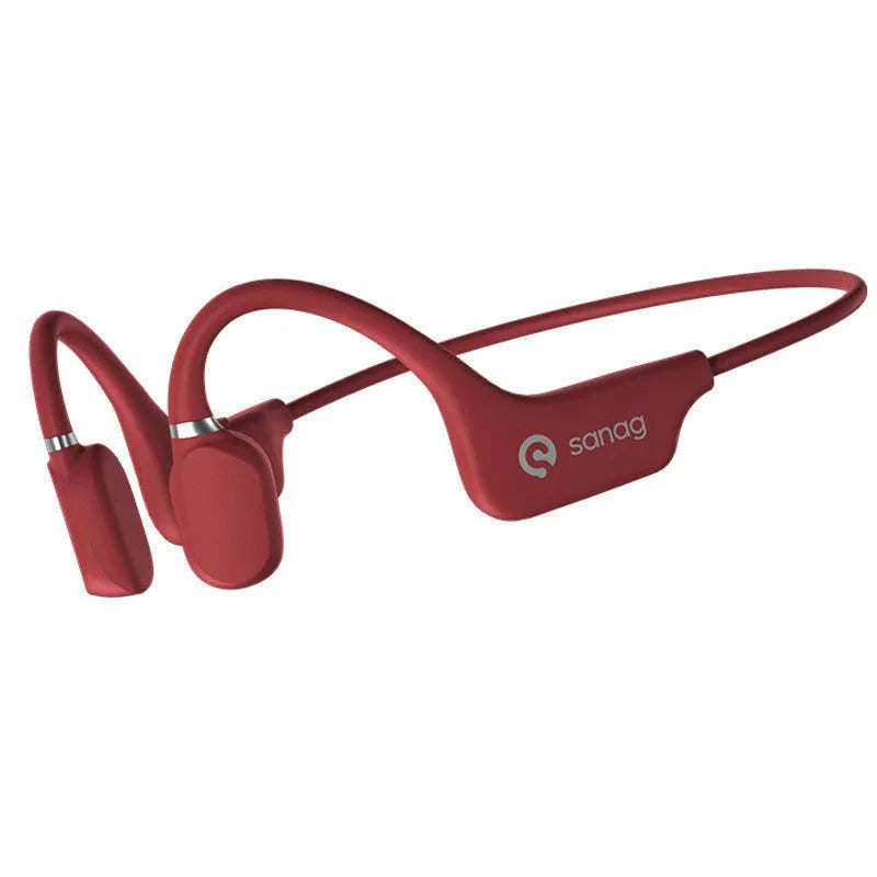 Wireless bone conduction Bluetooth headset in neckband style, shown in various colours including China Red and Mint Green.