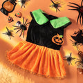 Halloween pumpkin skirt pet costume on a small dog next to a Halloween sweater style variant.