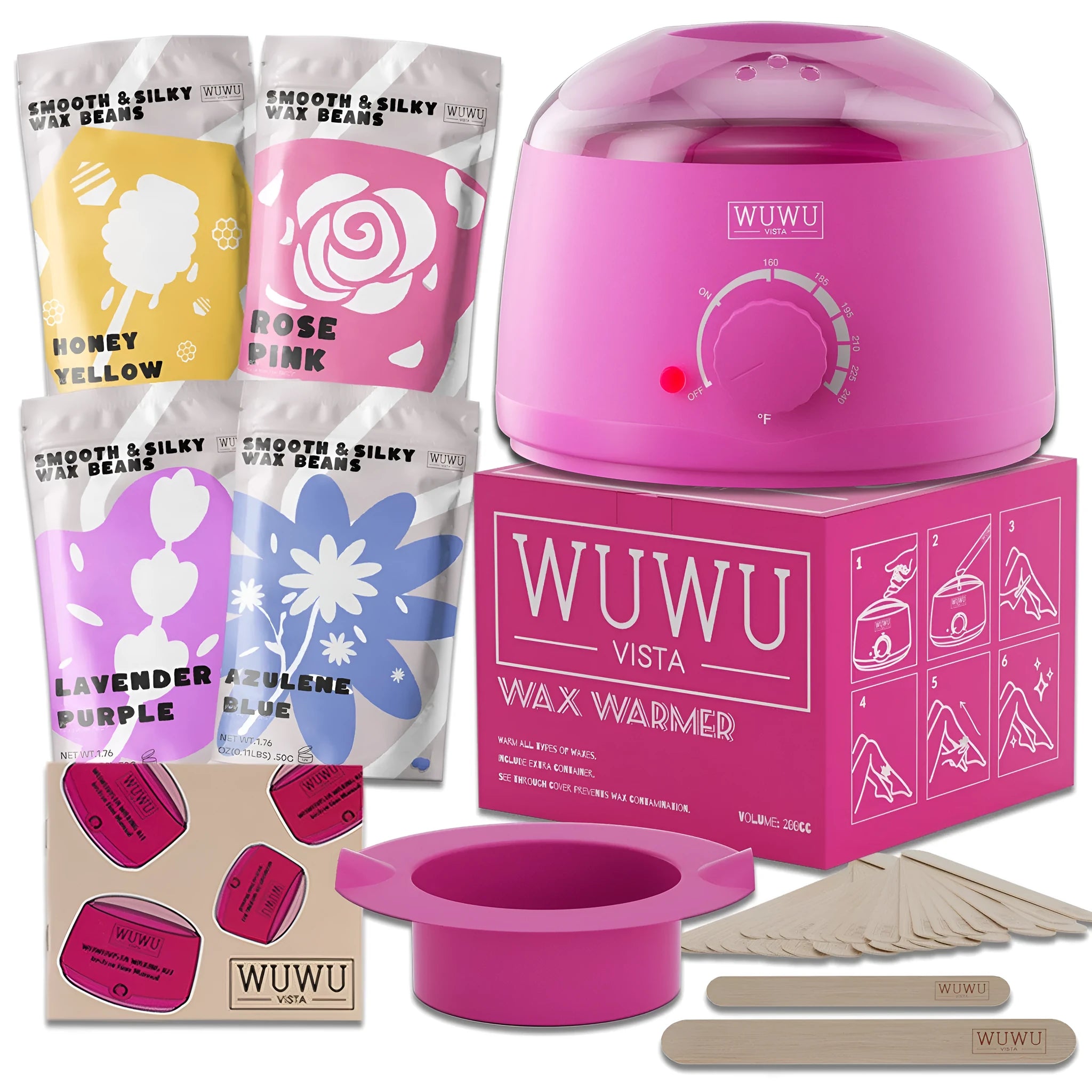 27 piece waxing kit with a wax machine, four coloured wax bead jars, and packs of wax sticks.