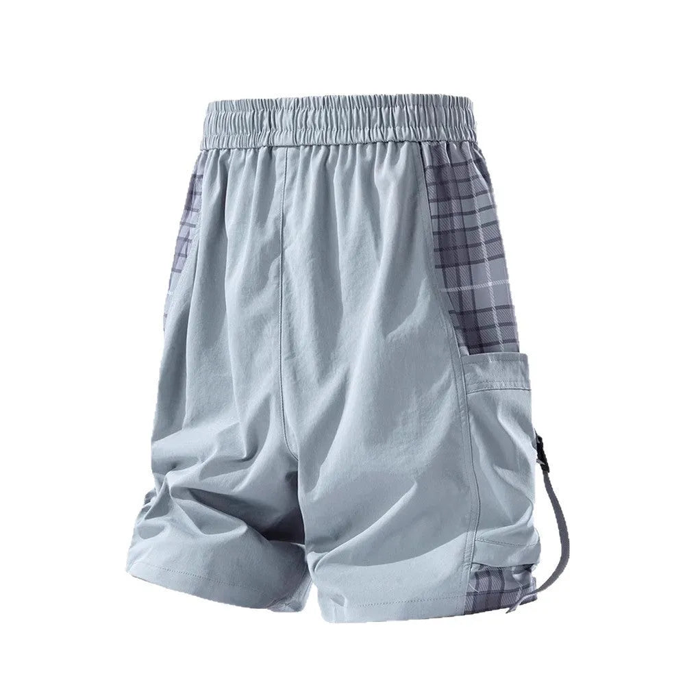 Men's loose fit cargo shorts with plaid stitching detail in black, grey, and smoky grey colour options