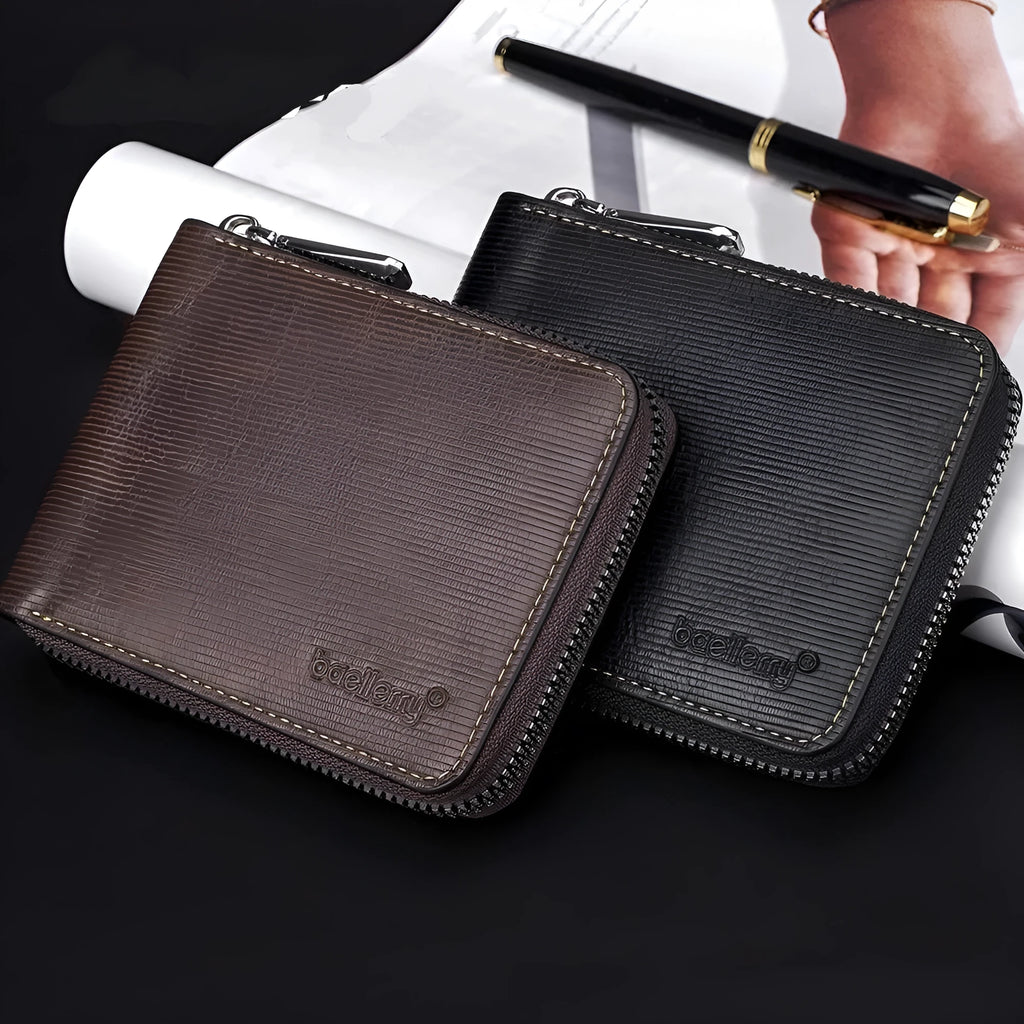 Black PU leather anti-theft zipper wallet with embossed pattern and extended card capacity