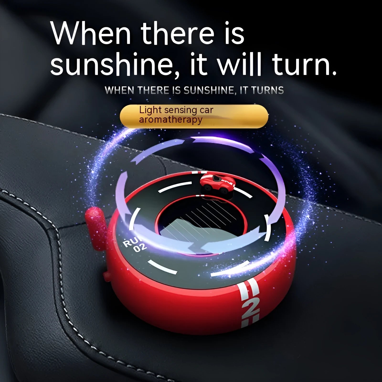 Round solar-powered car aromatherapy decoration with light sense model features in black red or white plastic