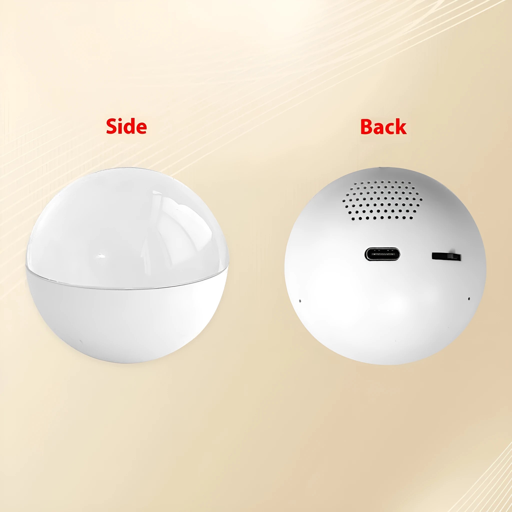 Small round electronic ball video player with dial control on a coloured plastic shell.