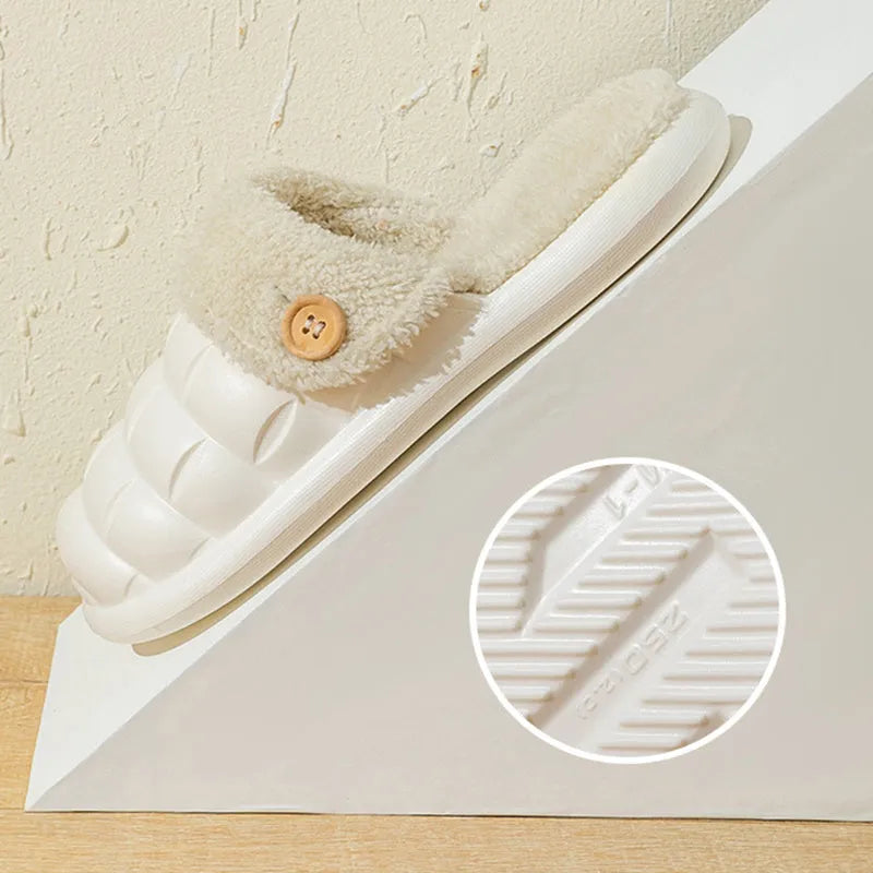 Pink and grey detachable EVA slippers with plush lining and a textured non-slip sole.