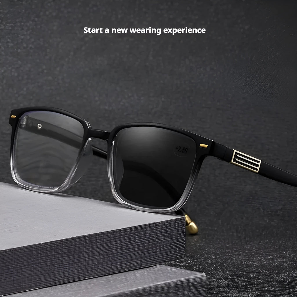 Anti blue light multifocal reading glasses with photochromic colour changing lenses in various frame styles