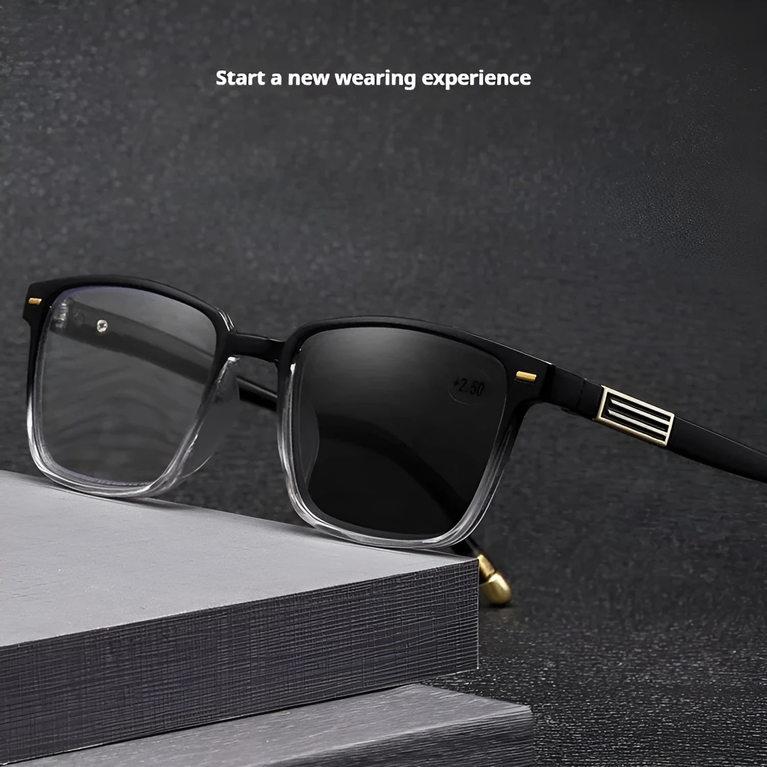 Anti blue light multifocal reading glasses with photochromic colour changing lenses in various frame styles