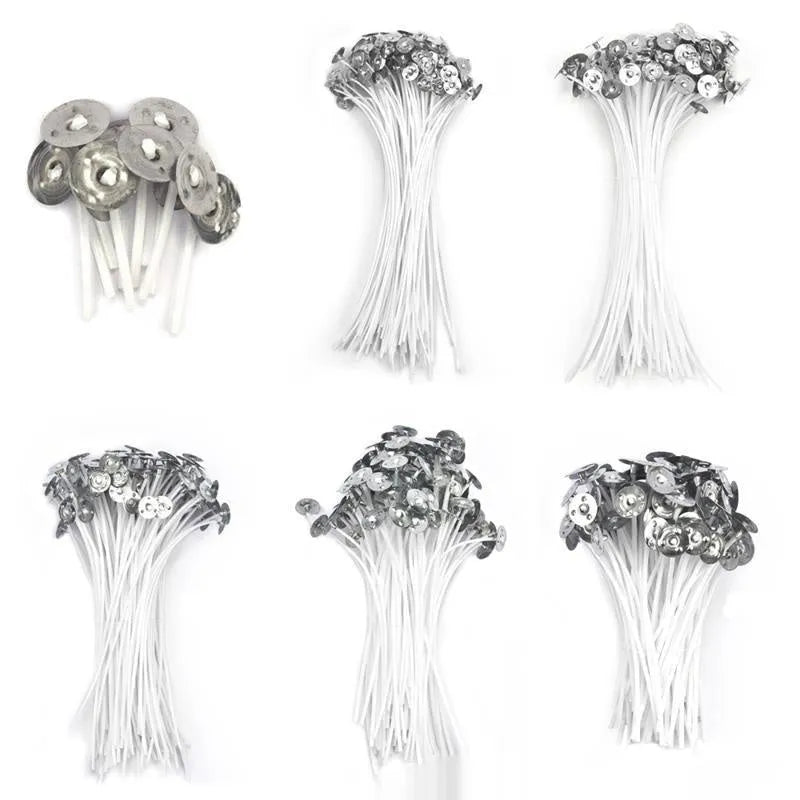 White cotton candle wicks showing three different lengths: 2.6cm, 6cm and 8cm for DIY candle making