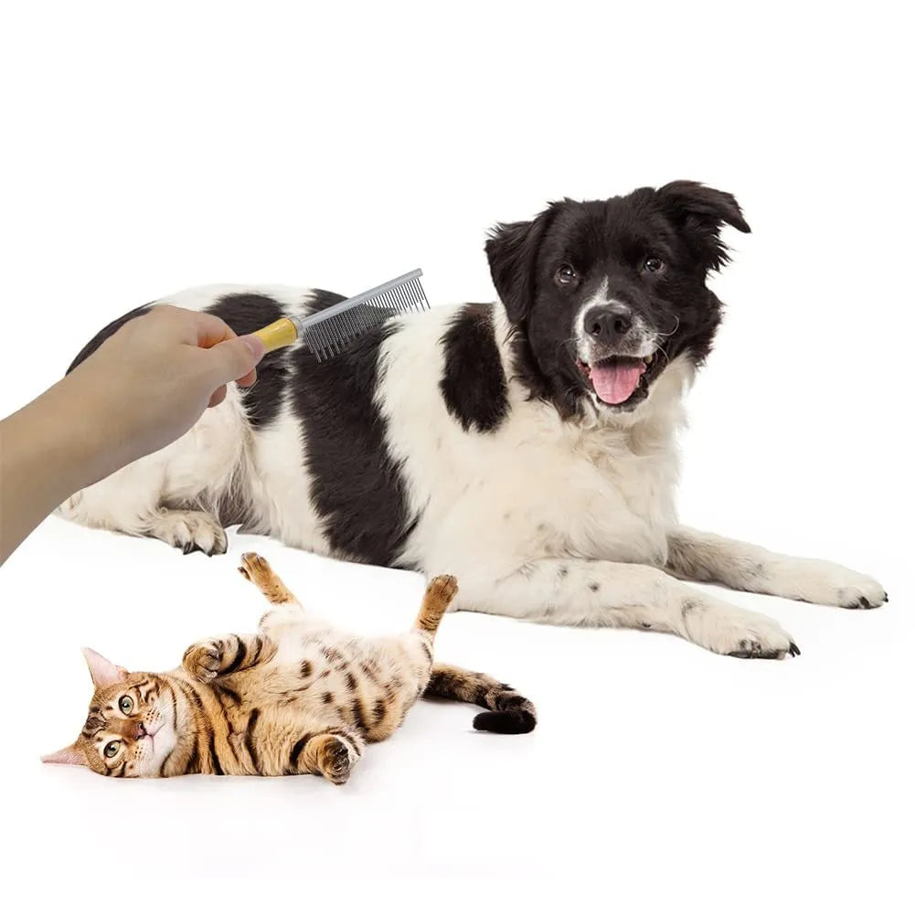 Wooden handle pet grooming comb for dogs and cats showing three configuration options