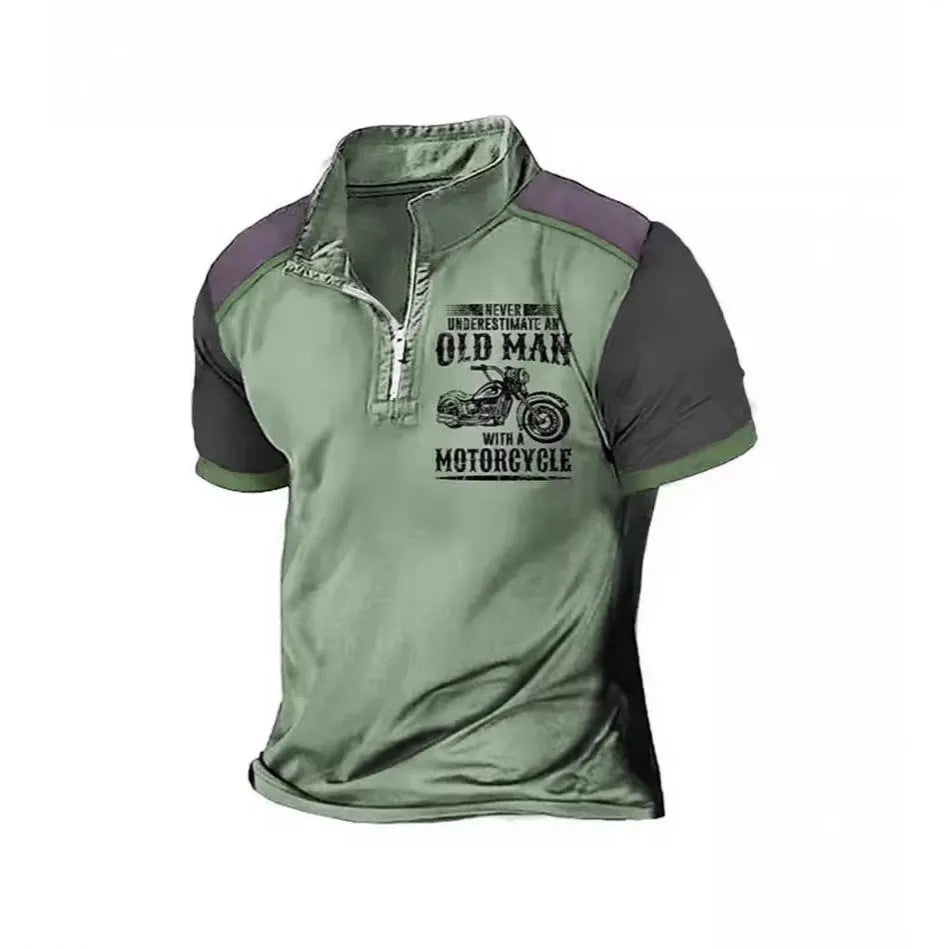 Men's short sleeve polo shirt with lapel collar, digital letter printing, and a zip decoration detail in a casual style.