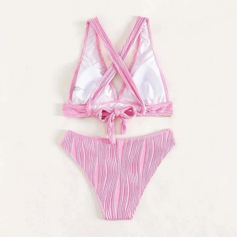 Women's black or pink halter strap nylon bikini swimsuit with top and shorts set