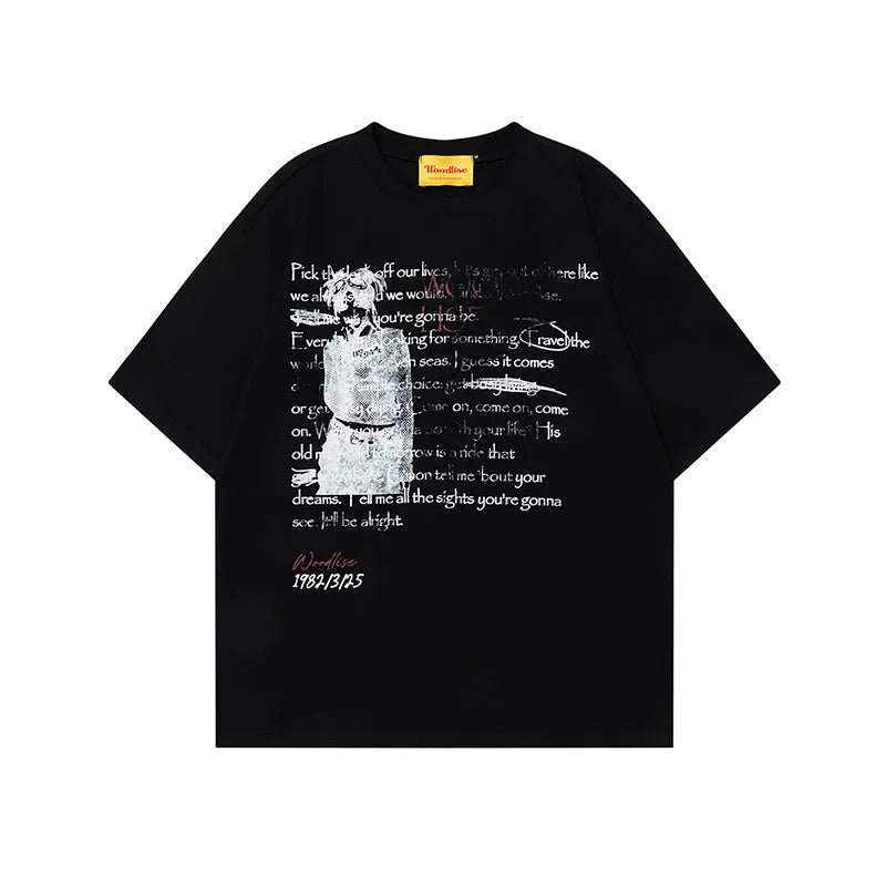 Men's black pure cotton t-shirt with white letter pattern printing and loose retro fit
