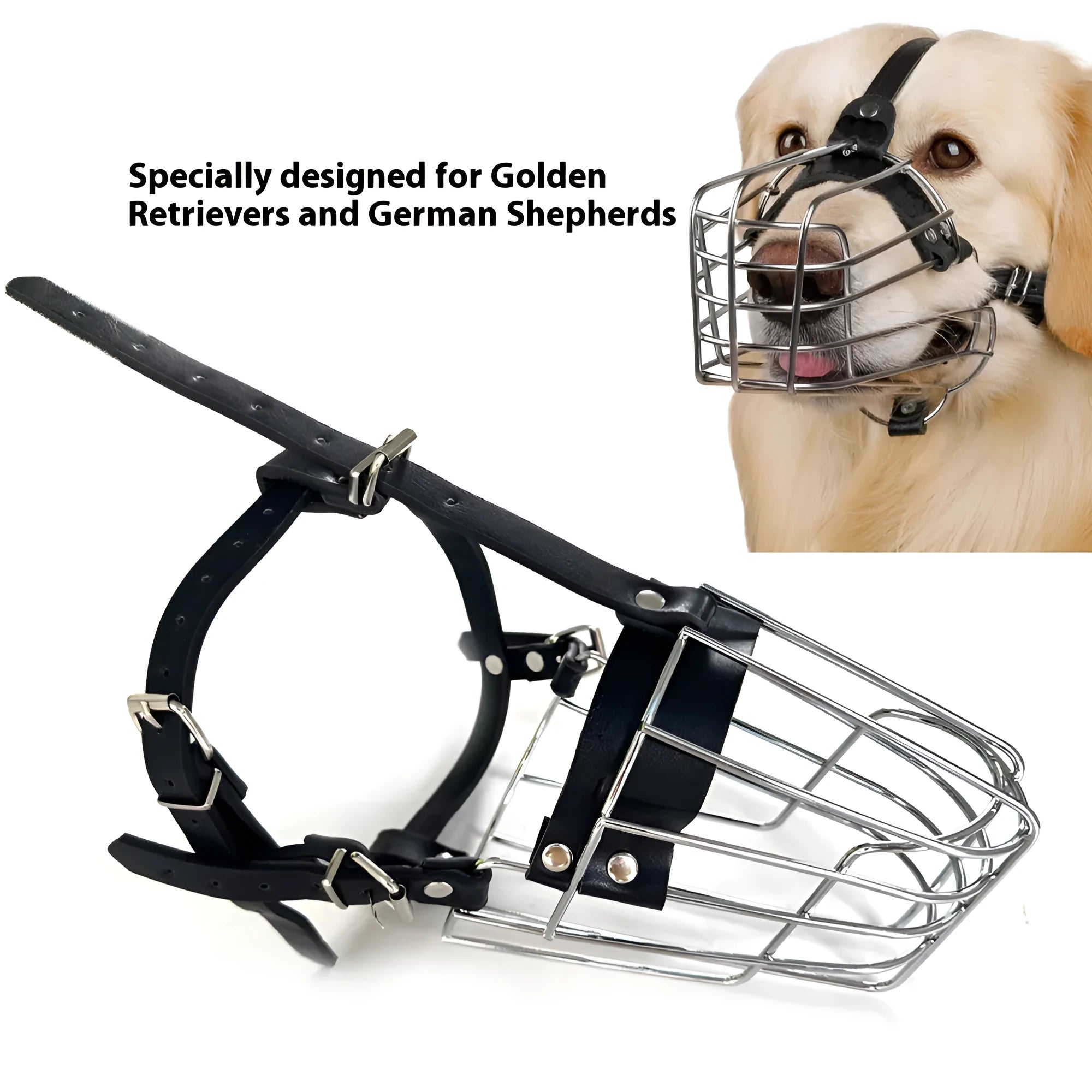 Black metal basket muzzle designed for a Golden Retriever or German Shepherd dog.