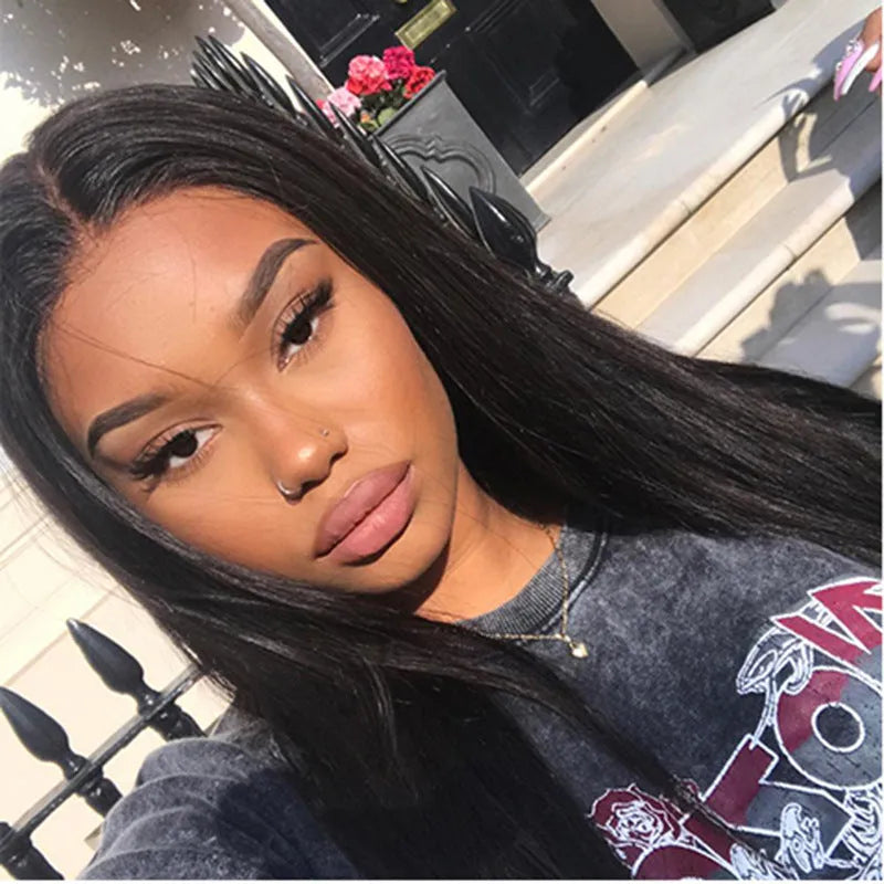 Long straight synthetic wig with centre-parted bangs in high-temperature fibre, black dark brown light brown colours