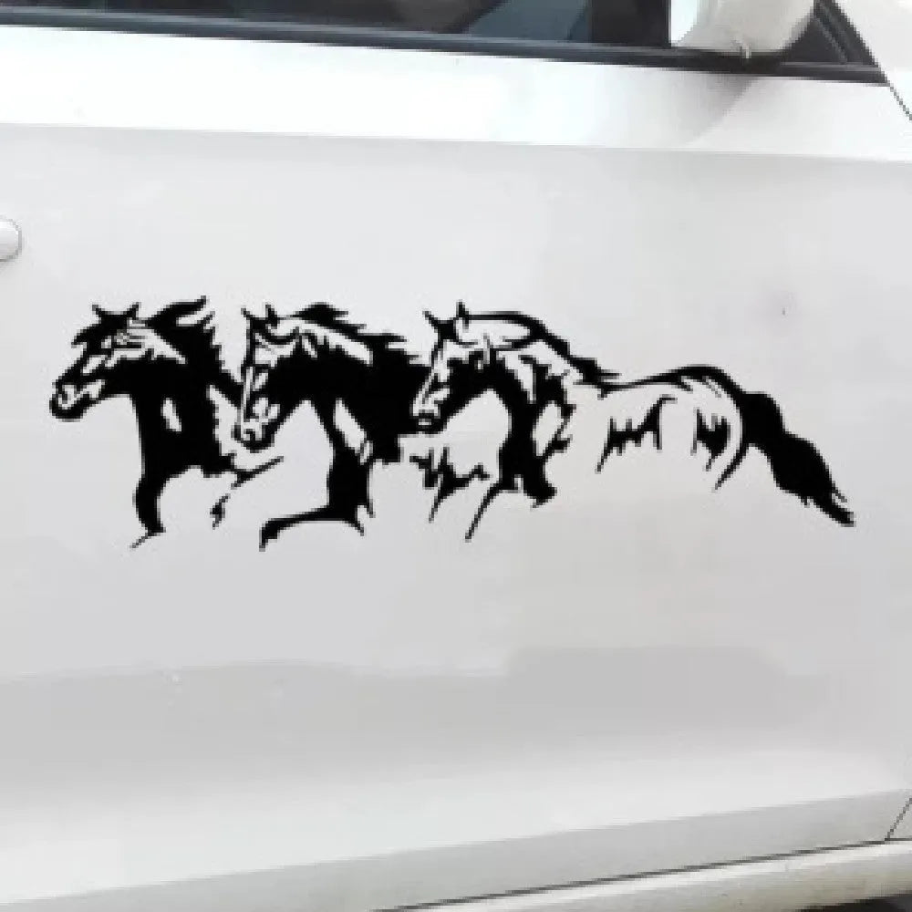 Three horses design vinyl car decal sticker, 25cm long, in black, white, red, or blue.