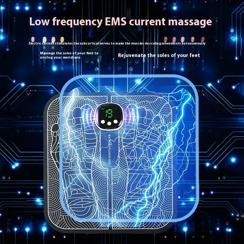 Blue USB rechargeable reflexology foot massager mat with remote control on a wooden floor