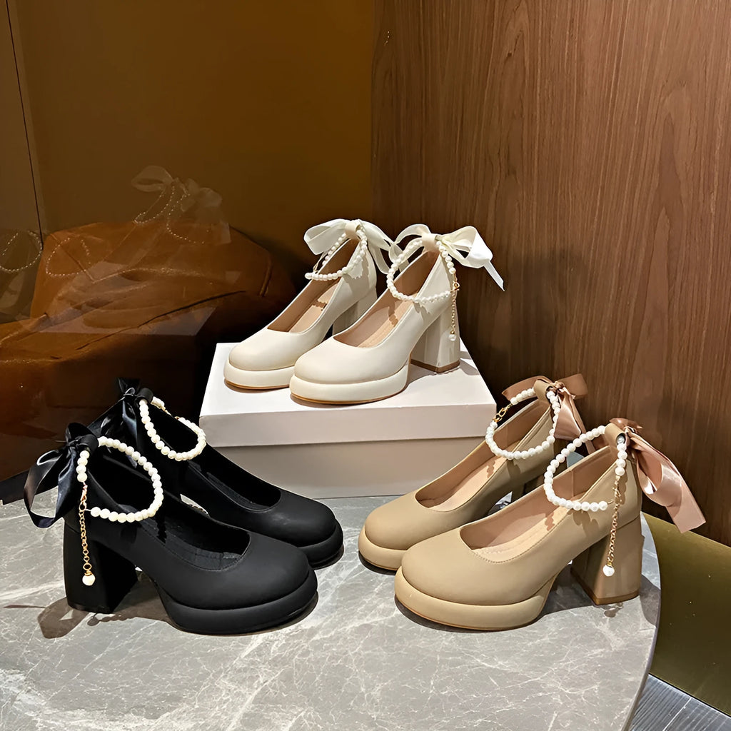 Women's beige Mary Jane shoes with chunky heel, pearl decoration, and ankle-strap buckle