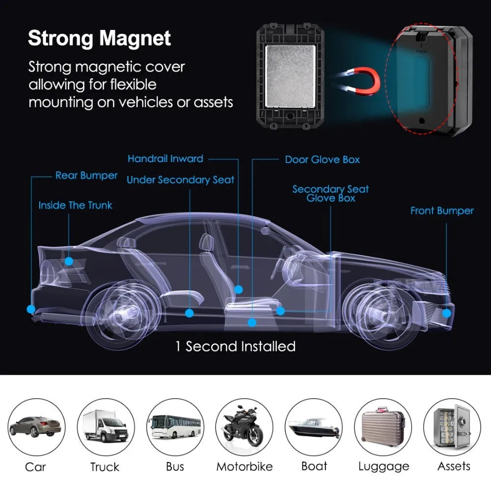 Black GPS car locator device with 6000mAh battery and ceramic antenna.