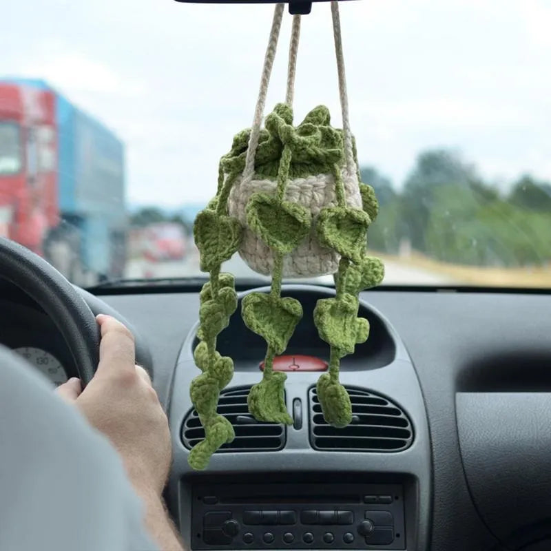 Green and white knitted wool car plant decoration hanging from 25cm white rope