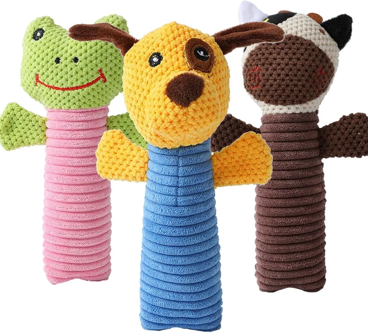 Squeaky stuffed animal dog chew toy in calf, frog, or puppy shape for dental cleaning
