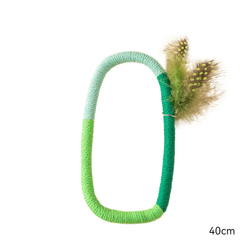 Circular green cotton rope cat toy with feathers and catnip for interactive play