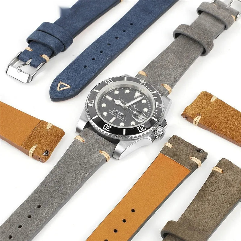 Genuine suede leather watch strap showing texture detail in available colours