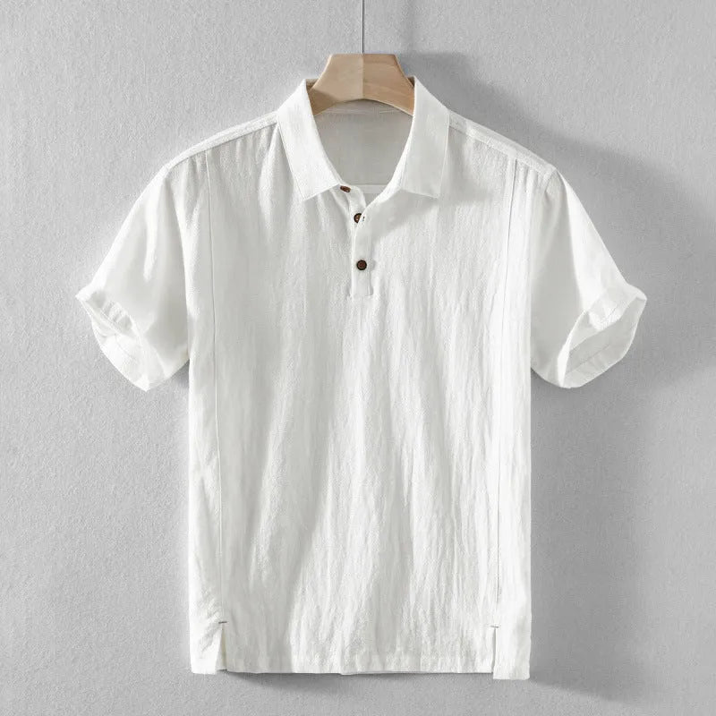 Men's loose-fit casual shirt in a cotton and linen blend, shown in a solid colour.