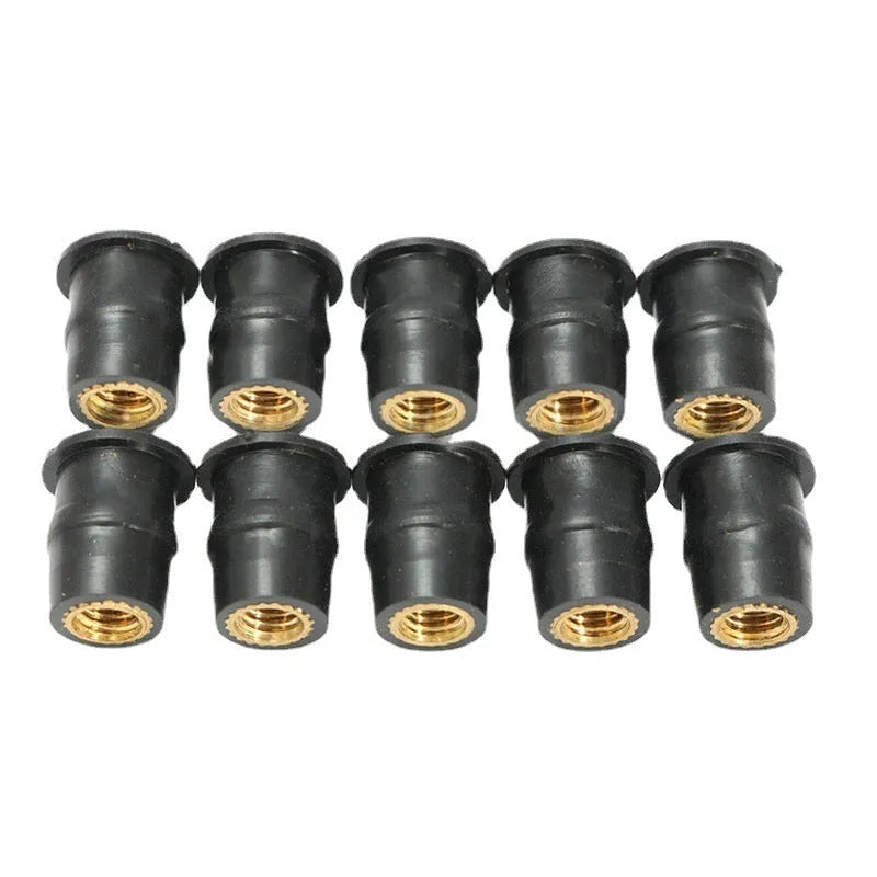 Black rubber and brass well nut riveting fasteners for motorcycle windshields in M4, M5, and M6 sizes