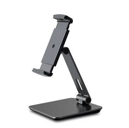 Foldable aluminium desktop phone and tablet holder showing 360° rotation capability