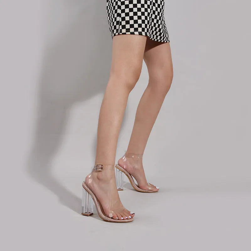 Apricot colour women's high heel sandals with glass heel, round toe, and buckle strap