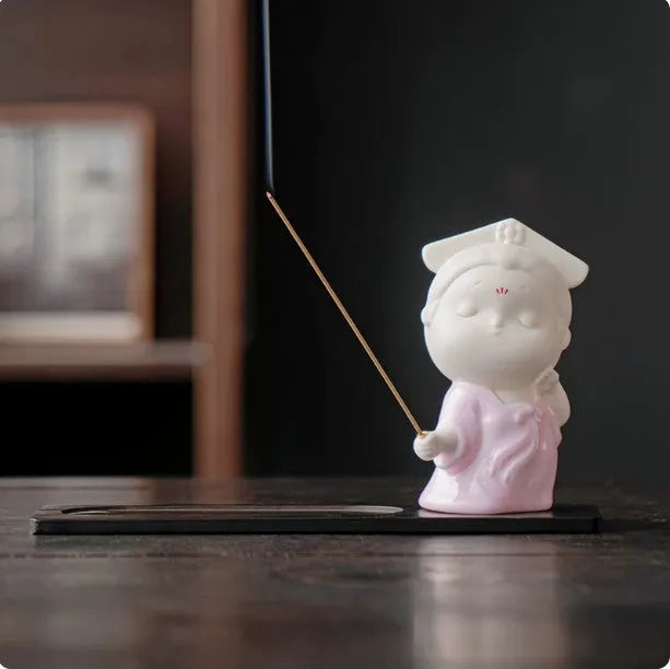 Ceramic cute court attendant incense burner decoration with hand-painted female figurine in traditional design