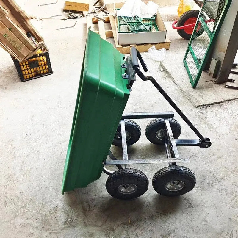Green four-wheel plastic dump truck with steel PP frame for agricultural material transport
