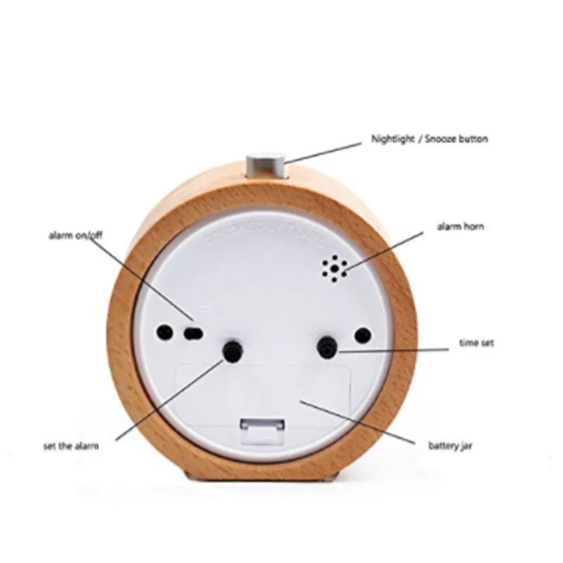 Solid beech wood silent alarm clock with a 9.5cm diameter, showing a PVC dial and wooden case.