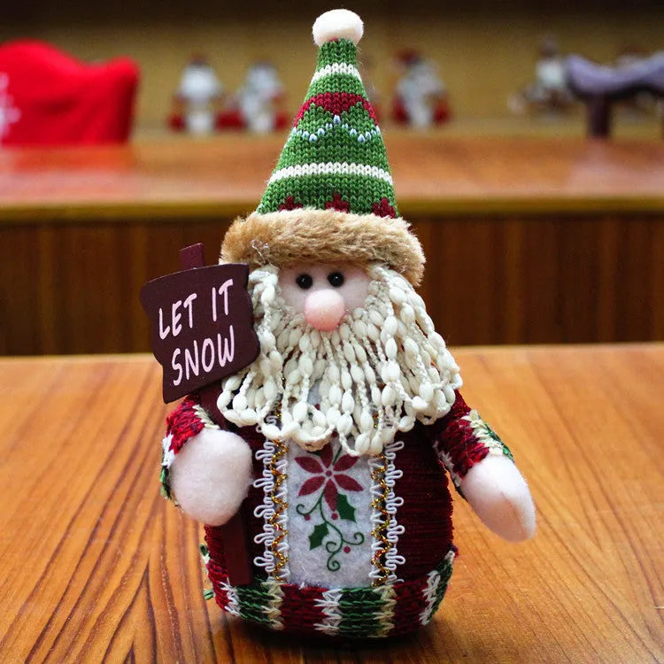 Flannel Christmas decorations set showing snowman, elk, and old man designs in red, green, and white colours
