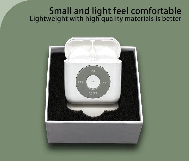 White wireless Bluetooth earphones with semi in-ear design and a matching white charging case.