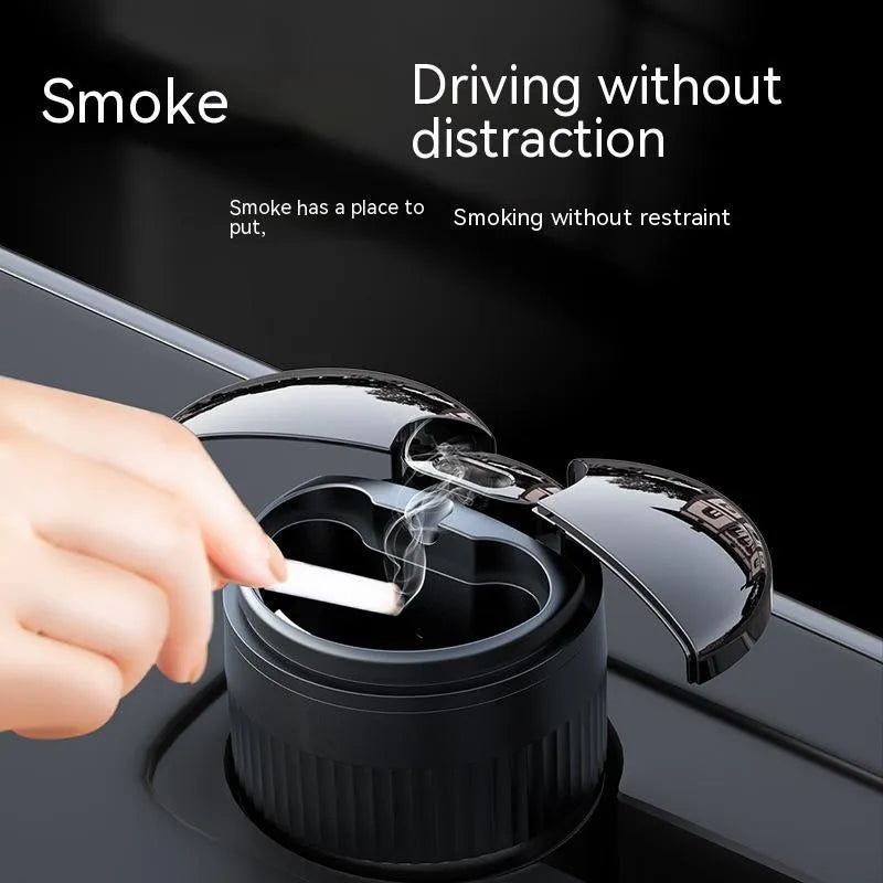 Automatic sensing metal smart ashtray with lid in black colour, showing compact 113mm x 72mm size