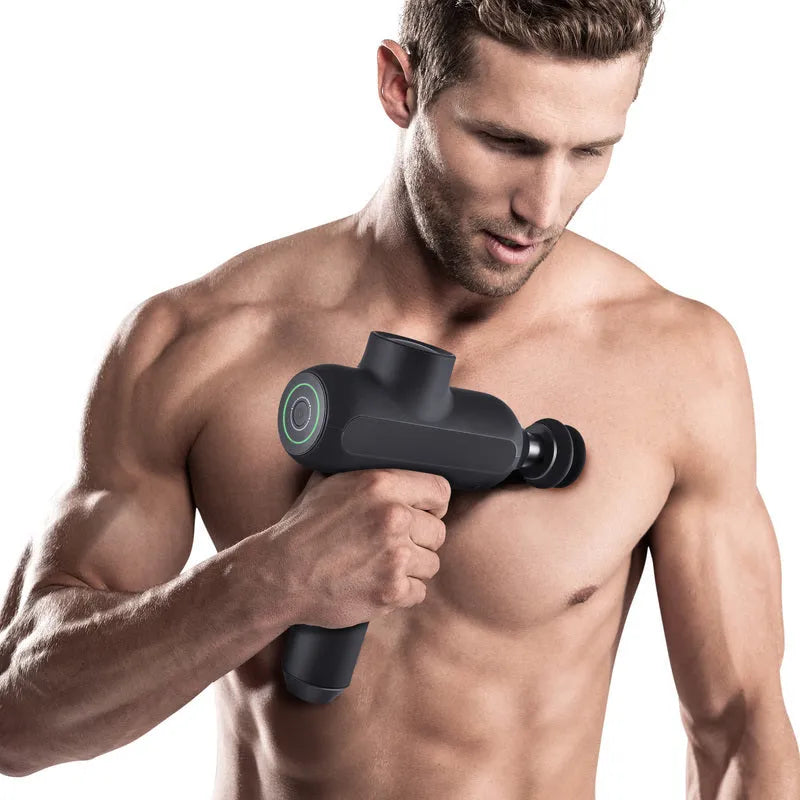 Rechargeable electric muscle massager with six circular heads showing black, red, and silver colour options.