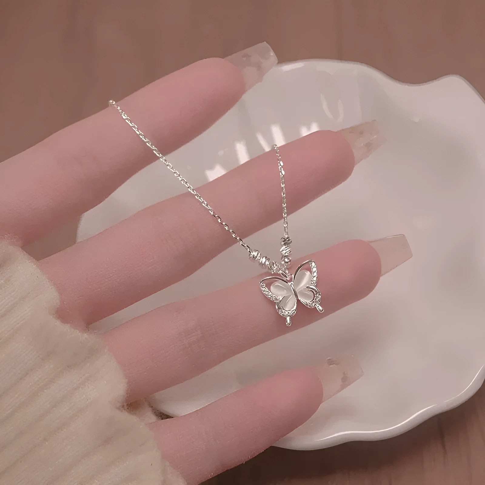 Women's square line opal butterfly necklace in 925 silver with cross chain, adjustable length