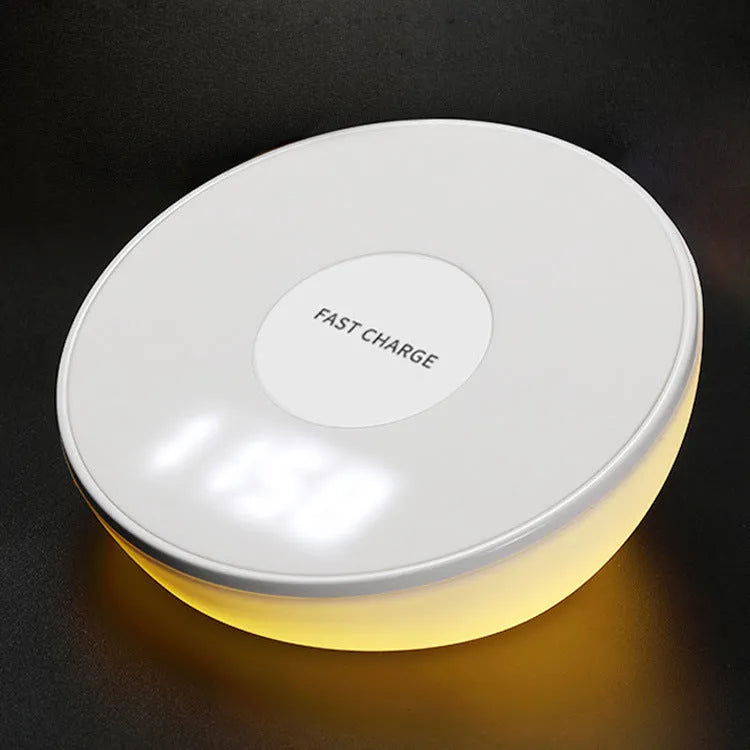 White wireless phone charger with clock display and three control buttons