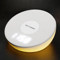 White wireless phone charger with clock display and three control buttons