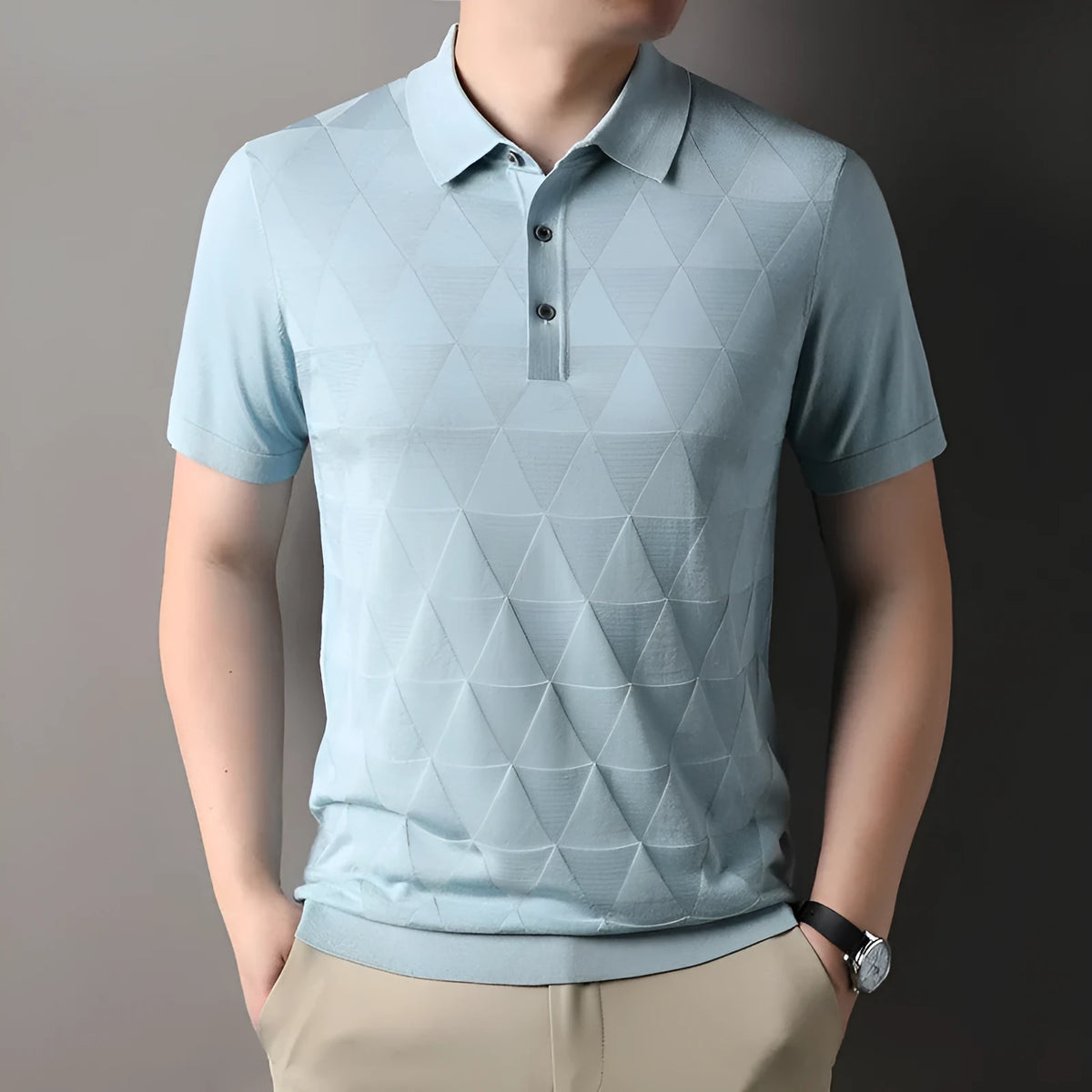 Man wearing a thin green Ice Silk lyocell short sleeve T-shirt with a regular fit.